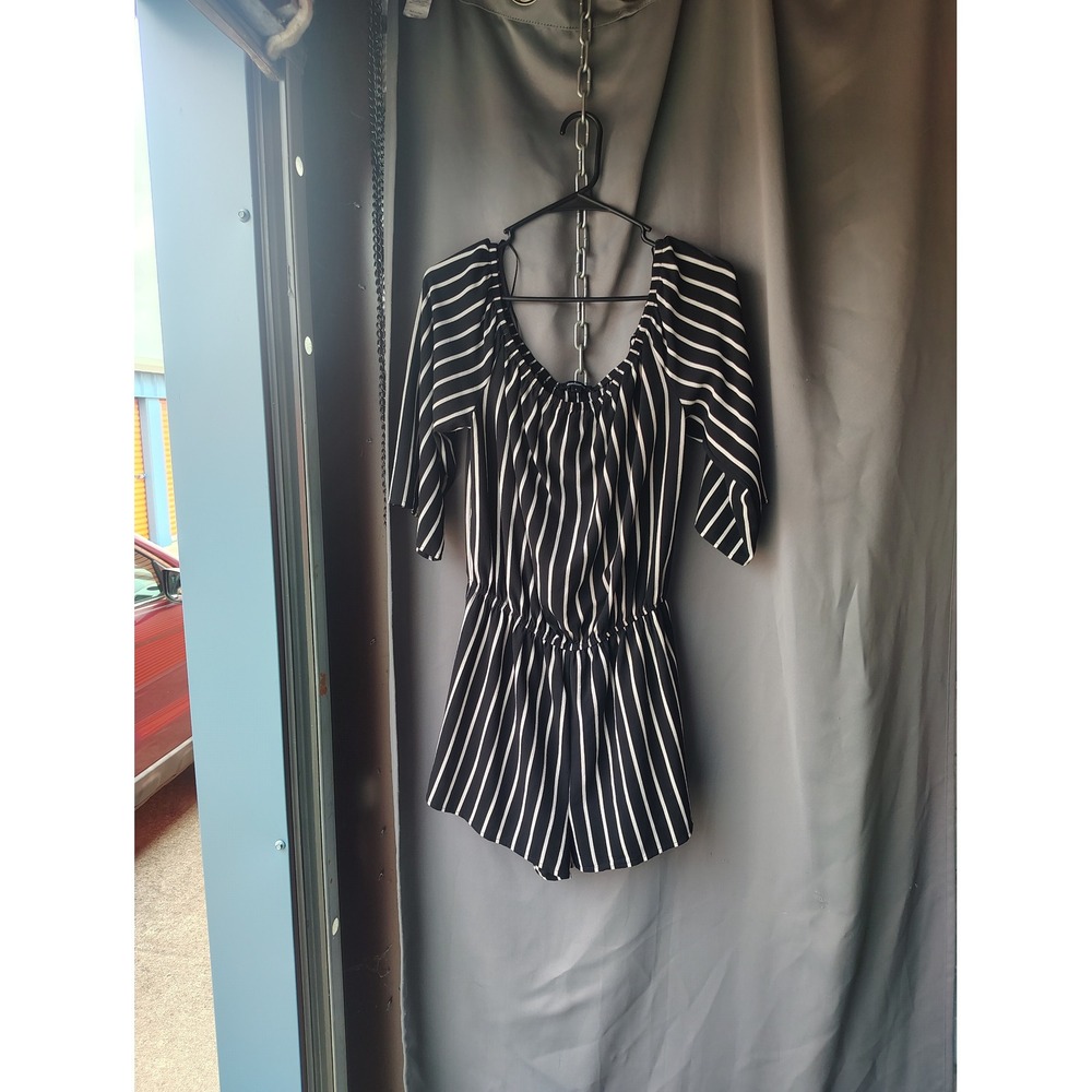 Ambiance Striped Romper Black White Off Shoulder Elastic Waist Large